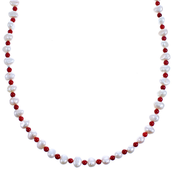 Coral And Fresh Water Pearl Sterling Silver Bead Necklace SX115001
